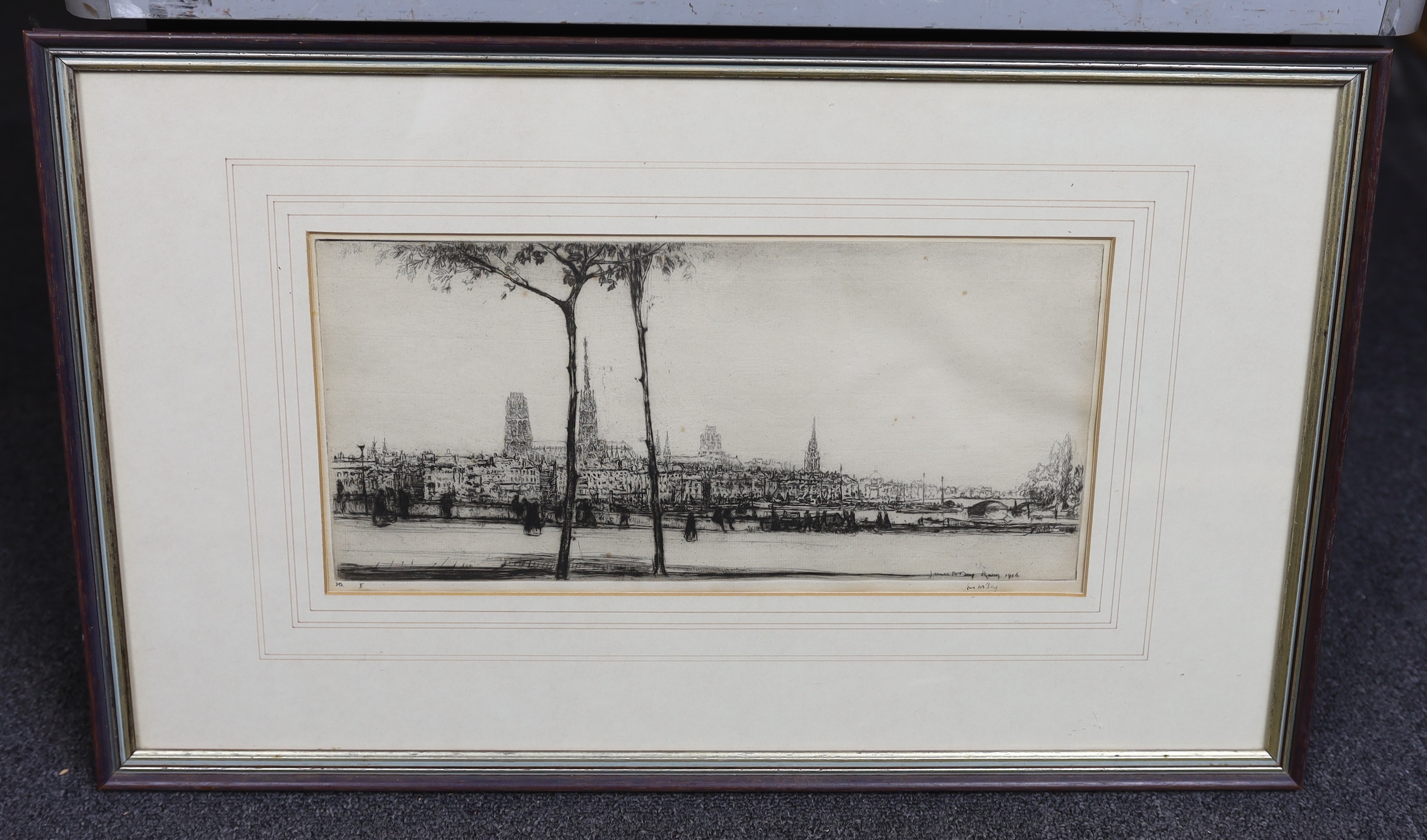 James McBey (Scottish, 1883-1959), drypoint etching, 'Rouen', signed in ink, dated in the plate 1916, 16.5 x 36.5cm. Condition - fair